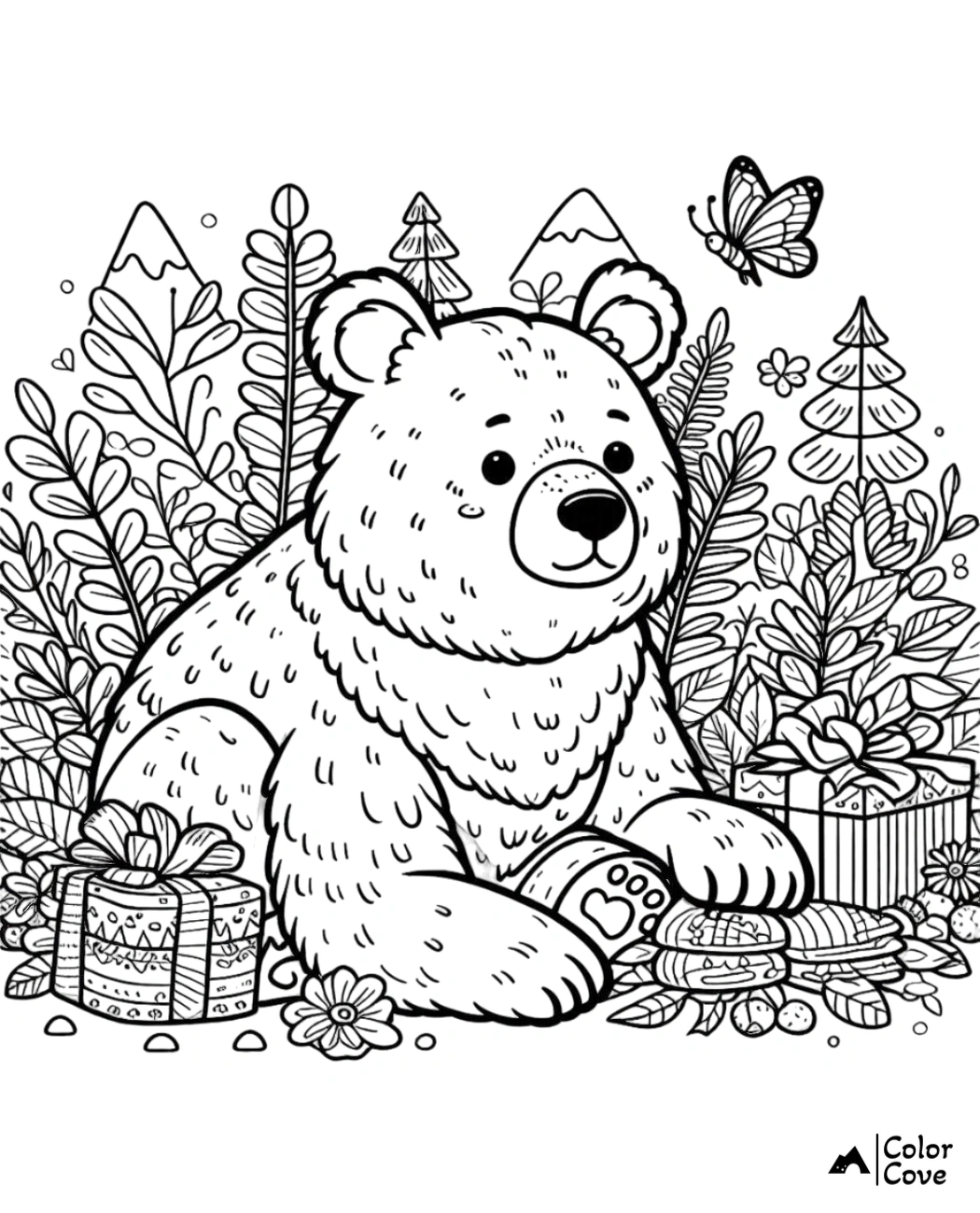 a bear with gifts and butterflies