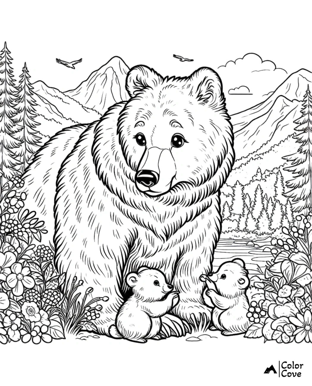 a bear with two cubs in a forest