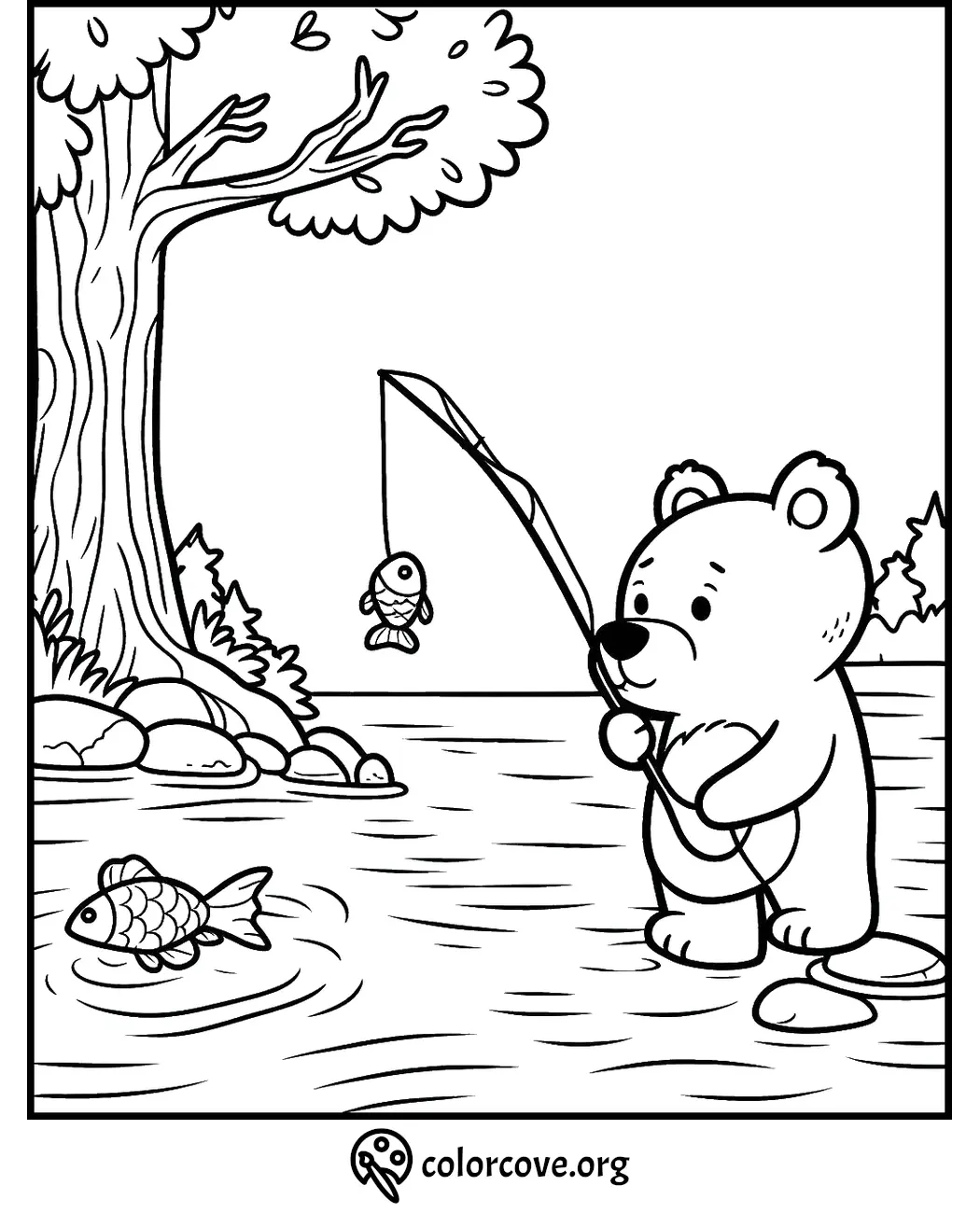 Bear fishing by a river under a tree, coloring page for kids.