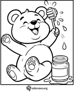 Cute bear with honey dipper beside a jar, perfect for a fun kids' coloring activity.