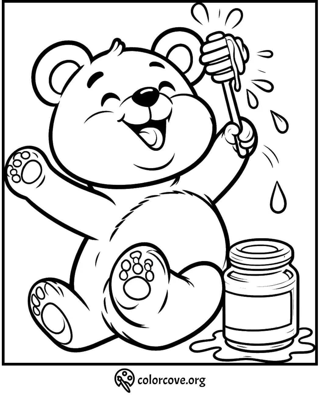 Cute bear with honey dipper beside a jar, perfect for a fun kids' coloring activity.