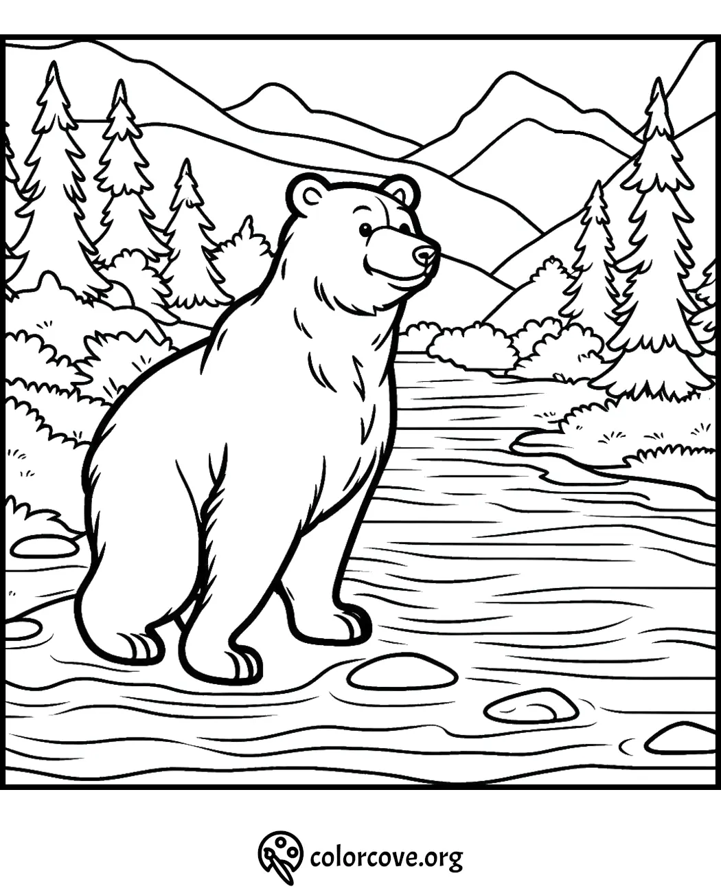 Bear standing by a river in a forest with mountains in the background, printable coloring page.