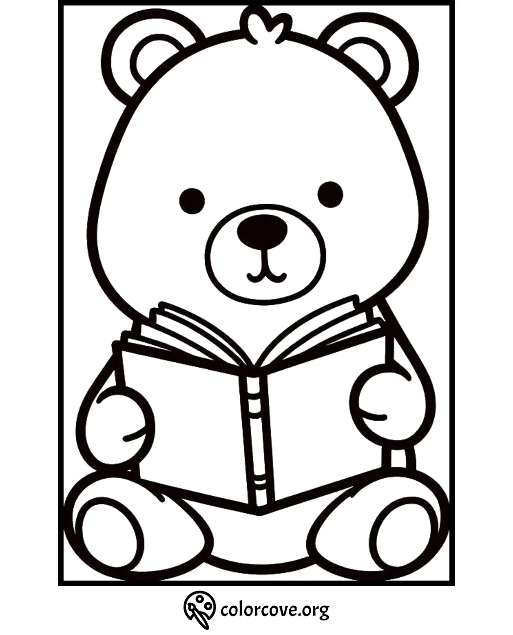 Coloring page illustration of a cute teddy bear reading a book. Perfect for kids' creativity and learning.