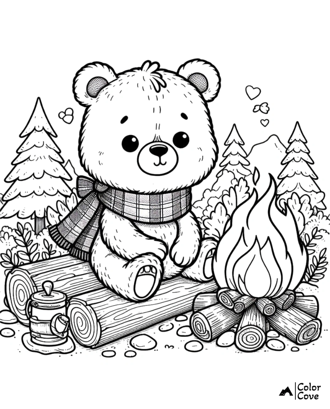 a black and white drawing of a teddy bear sitting on logs by a campfire