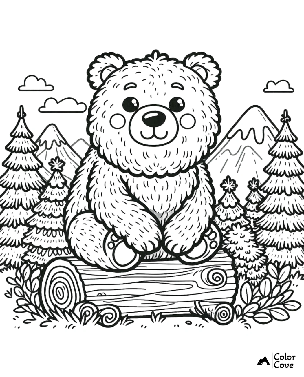 a cartoon bear sitting on a log