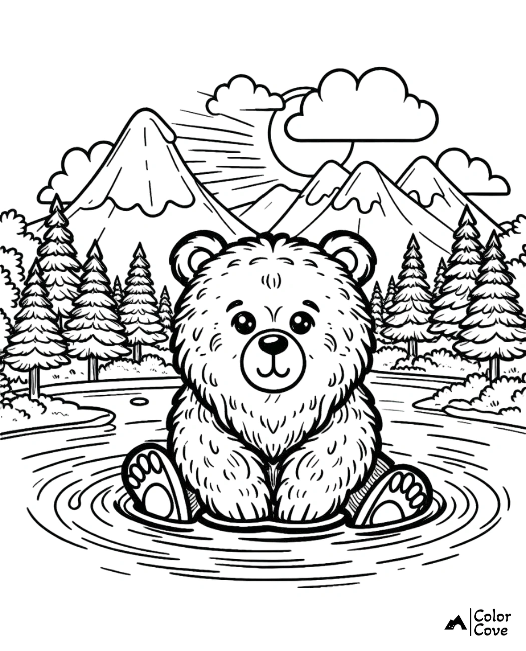 a bear sitting in a pond with mountains and trees