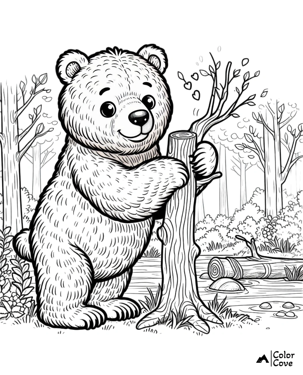 a bear holding a tree