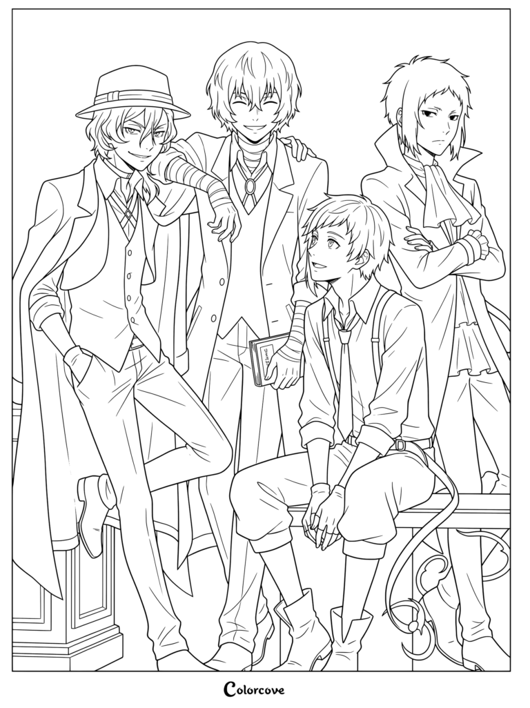 Dibujo para colorear de Bungo Stray Dogs con Chuuya Nakahara (a la izquierda con sombrero fedora), Osamu Dazai (en el centro con abrigo tostado), Atsushi Nakajima (sentado a la derecha) y Ryunosuke Akutagawa (de pie en el extremo derecho).