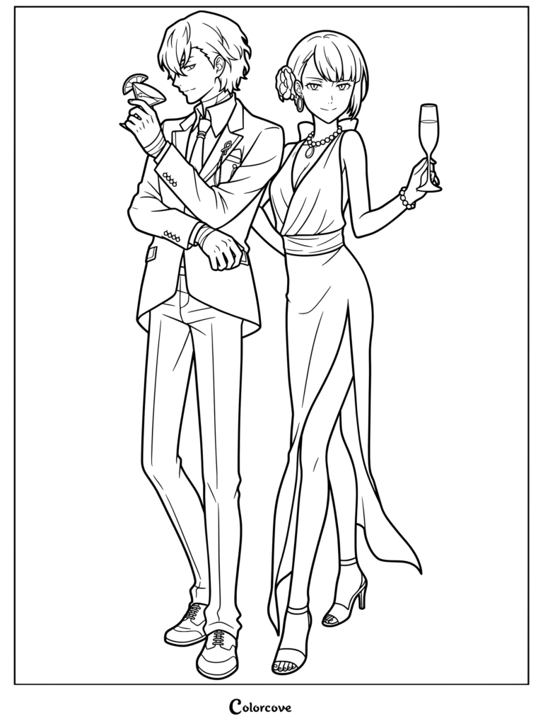 Dibujo para colorear de Bungo Stray Dogs con Akiko Yosano en un elegante vestido de noche y Osamu Dazai con un traje impecable sosteniendo copas.
