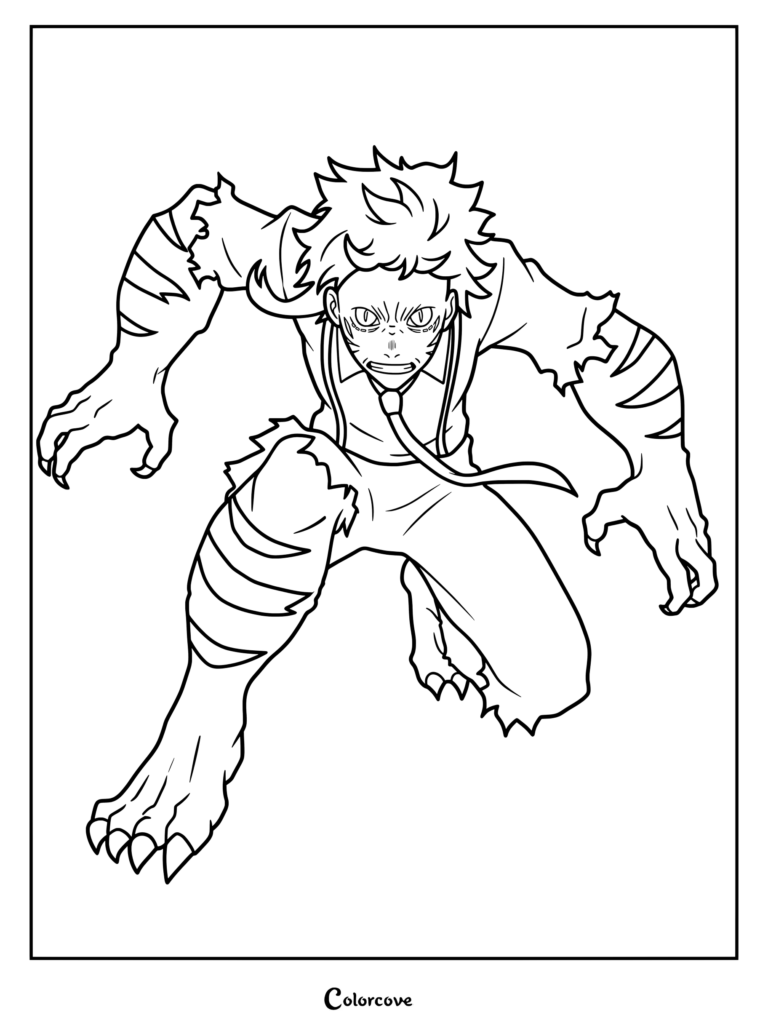 Dibujo para colorear e imprimir de Atsushi Nakajima de Bungo Stray Dogs en su estado de transformación semitigre, usando su habilidad Bestia bajo la luz de la luna.