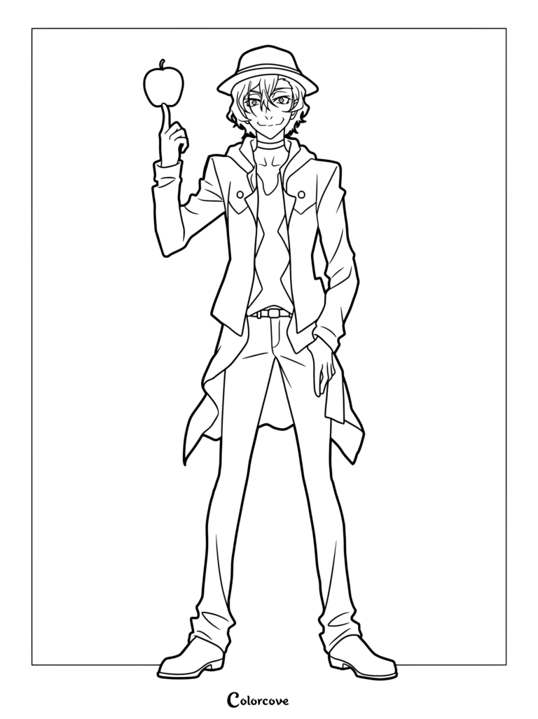 Dibujo para colorear e imprimir de Chūya Nakahara de Bungo Stray Dogs Dead Apple equilibrando una manzana en el dedo.