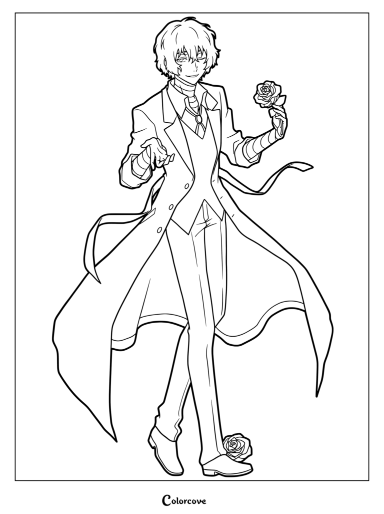Dibujo para colorear gratis de Osamu Dazai de Bungo Stray Dogs sosteniendo una rosa y con otra rosa a sus pies.