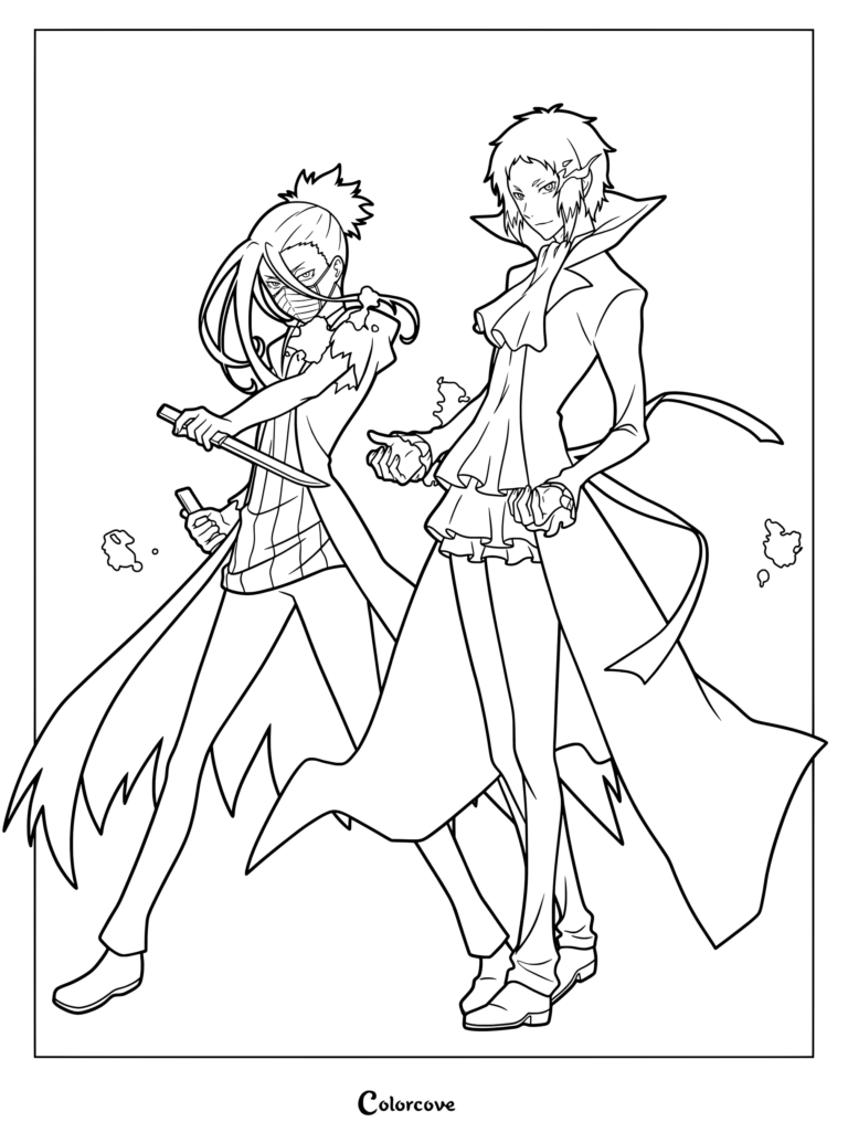 Dibujo para colorear de Bungo Stray Dogs con Ryūnosuke Akutagawa y su hermana Gin Akutagawa en poses dinámicas de combate con abrigos y armas.