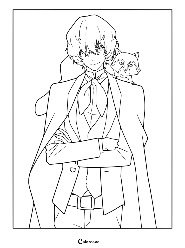 Dibujo para colorear de Bungo Stray Dogs con Edgar Allan Poe y su mapache Karl.