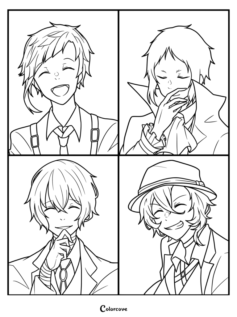 Dibujo para colorear de Bungo Stray Dogs con Atsushi Nakajima, Ryunosuke Akutagawa, Osamu Dazai y Chuuya Nakahara riendo en una cuadrícula de cuatro viñetas.