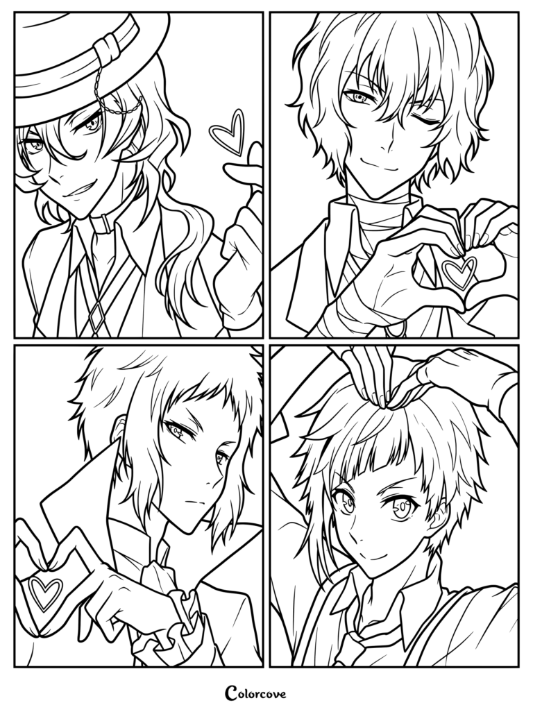 Dibujo para colorear con cuatro personajes de la serie de anime Bungo Stray Dogs haciendo corazones con las manos.