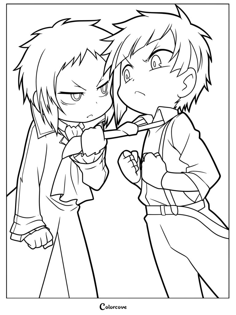 Dibujo para colorear e imprimir gratis de Ryūnosuke Akutagawa tirando de la corbata de Atsushi Nakajima en estilo chibi de Bungo Stray Dogs.