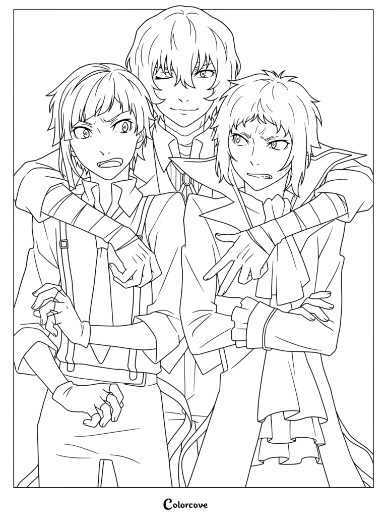 Dibujo para colorear de Atsushi Nakajima, Osamu Dazai y Ryunosuke Akutagawa de la serie de anime Bungo Stray Dogs, basado en una ilustración promocional oficial.