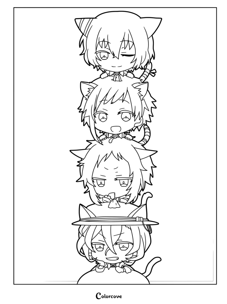 Dibujo para colorear de Bungo Stray Dogs con una pila de personajes chibi con temática de gatos.