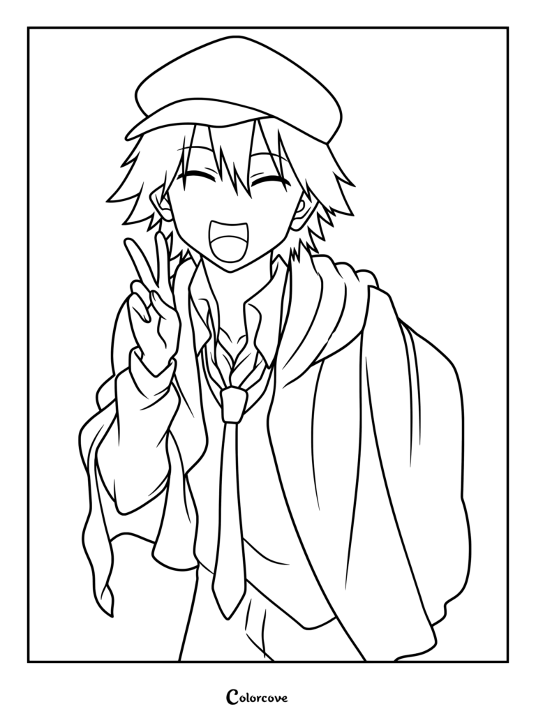 Dibujo para colorear de Bungo Stray Dogs con Ranpo Edogawa con su emblemático sombrero y corbata mientras hace el signo de la paz con expresión alegre.