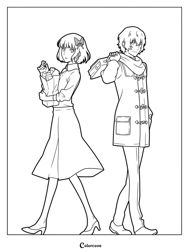 Dibujo para colorear de Akiko Yosano y Osamu Dazai del anime Bungo Stray Dogs en su ilustración promocional oficial temática de invierno.
