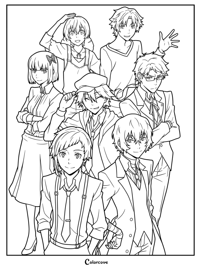 Dibujo para colorear de Bungo Stray Dogs con una ilustración oficial de los miembros de la Agencia de Detectives Armados.