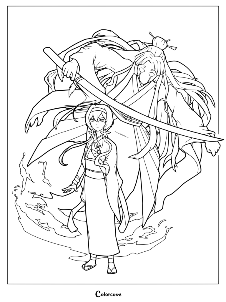Dibujo para colorear de Kyōka Izumi y su habilidad Nieve Demonio de Bungo Stray Dogs.