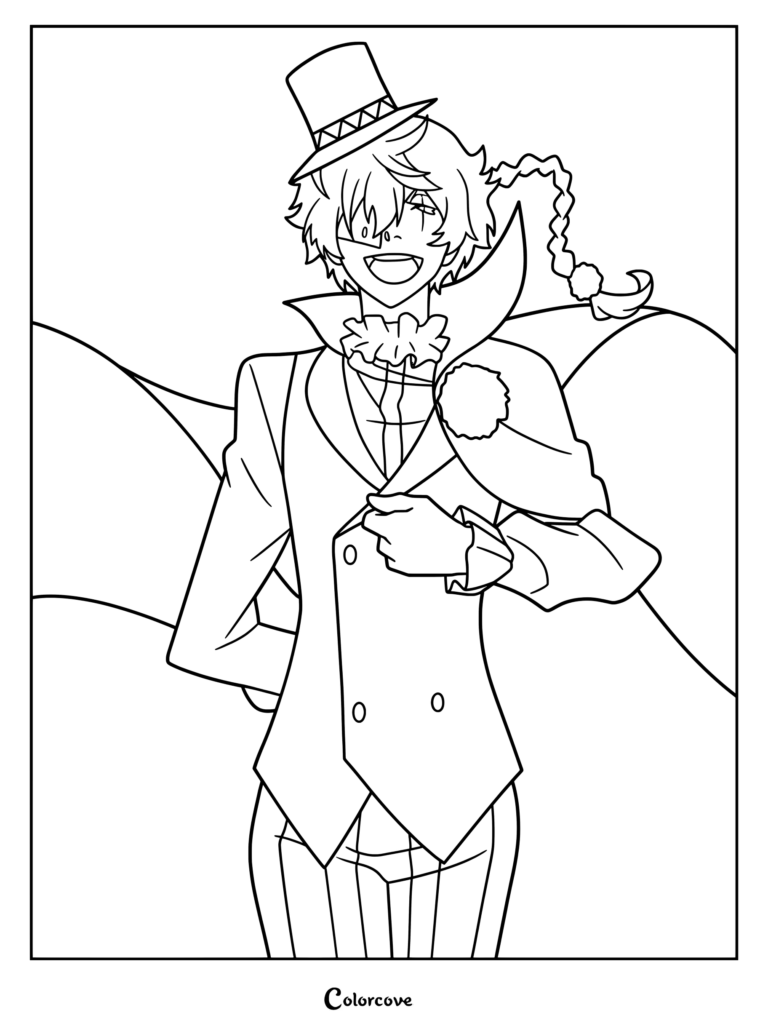 Dibujo para colorear e imprimir de Nikolai Gogol de Bungo Stray Dogs sonriendo con su sombrero de copa, capa y traje formal.