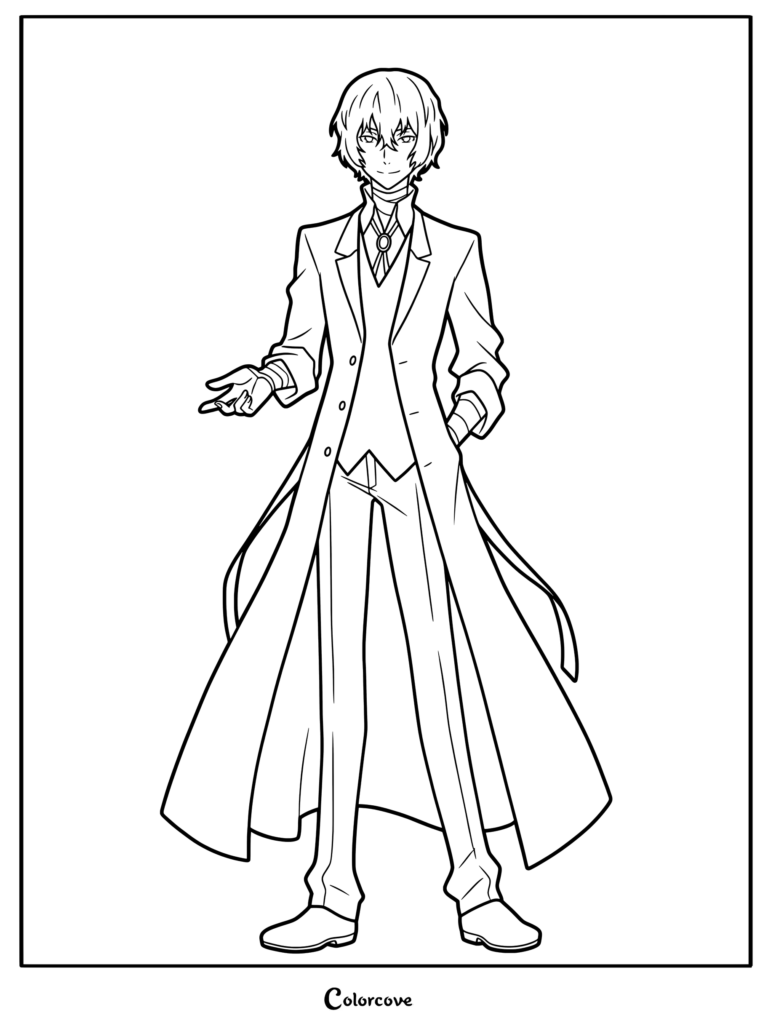 Dibujo para colorear e imprimir de Osamu Dazai de la serie de anime y manga Bungo Stray Dogs, de pie con abrigo largo y chaleco.