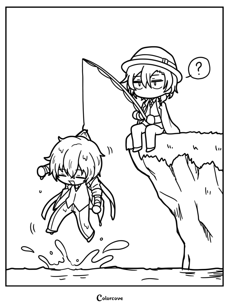 Dibujo para colorear e imprimir con Chūya Nakahara sentado en un acantilado pescando y atrapando por accidente a un Osamu Dazai empapado de Bungo Stray Dogs.