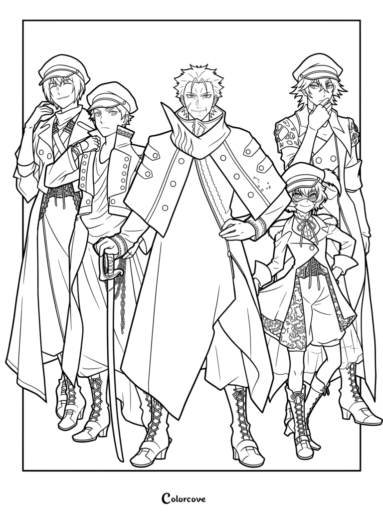 Dibujo para colorear de Bungo Stray Dogs con la unidad militar Perros de Caza posando junta.