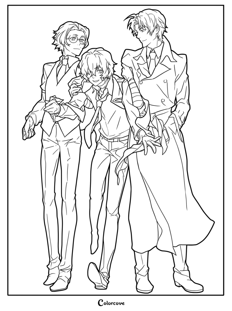 Dibujo para colorear de Bungo Stray Dogs con el trío de la Era Oscura: Ango Sakaguchi a la izquierda, Osamu Dazai en el centro y Sakunosuke Oda a la derecha.