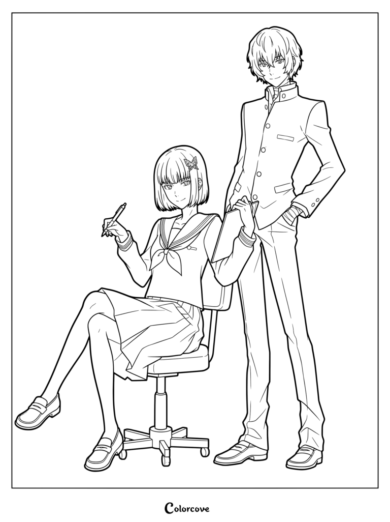Dibujo para colorear gratis de Bungo Stray Dogs con Akiko Yosano sentada en una silla con un bolígrafo y una carpeta, junto a Osamu Dazai con uniformes escolares de Gakuen Bungo Stray Dogs.