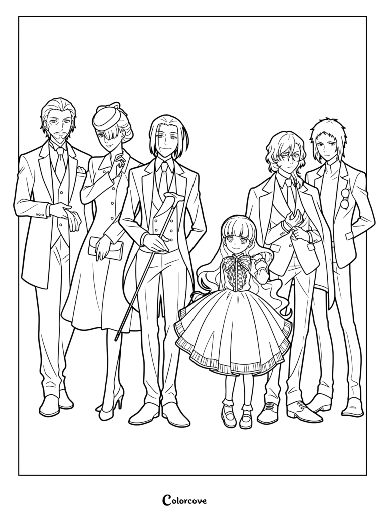 Dibujo para colorear de la reunión festiva de la Port Mafia de Bungo Stray Dogs con sus miembros vestidos de traje formal.