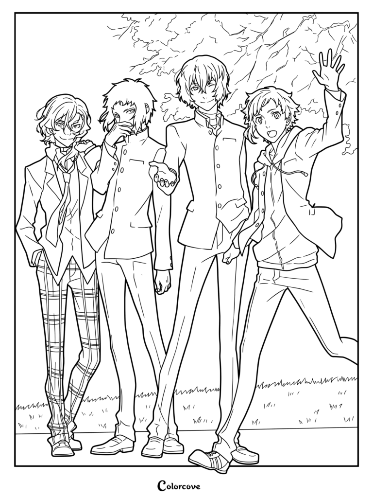 Dibujo para colorear de Bungo Stray Dogs con arte oficial del April Fools' que muestra a los personajes en una versión de instituto.