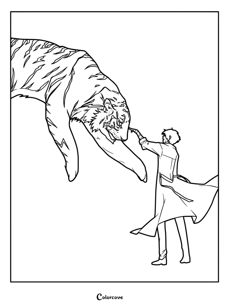 Dibujo para colorear de Bungo Stray Dogs que muestra a Osamu Dazai extendiendo la mano para tocar el hocico de Atsushi Nakajima en su forma de tigre blanco.