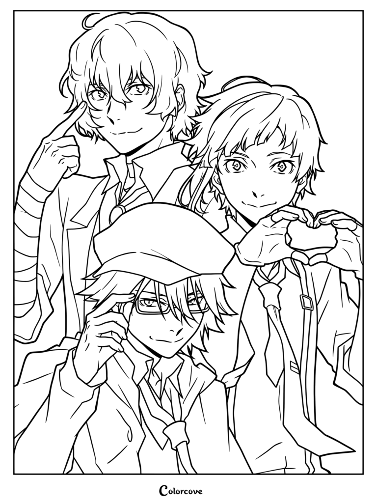 Dibujo para colorear de Bungo Stray Dogs con Osamu Dazai, Atsushi Nakajima haciendo el gesto de un corazón y Ranpo Edogawa.