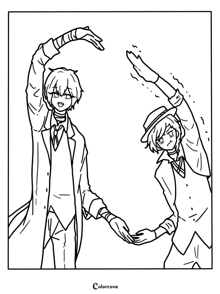 Dibujo para colorear e imprimir de Bungo Stray Dogs con Osamu Dazai y Chuuya Nakahara formando un gran corazón con las manos.