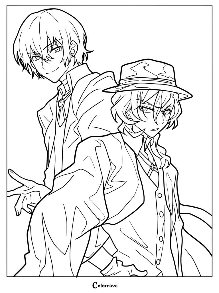 Dibujo para colorear de Bungo Stray Dogs con Osamu Dazai y Chuuya Nakahara en un intercambio de ropa, donde Chuuya lleva el abrigo beige de Dazai y Dazai viste el abrigo oscuro y chaleco de Chuuya.