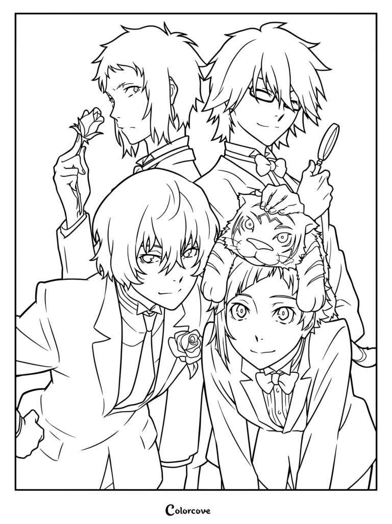 Dibujo para colorear de Bungo Stray Dogs con arte promocional de Osamu Dazai, Atsushi Nakajima con un peluche de tigre, Ranpo Edogawa y Ryunosuke Akutagawa vestidos con trajes formales.