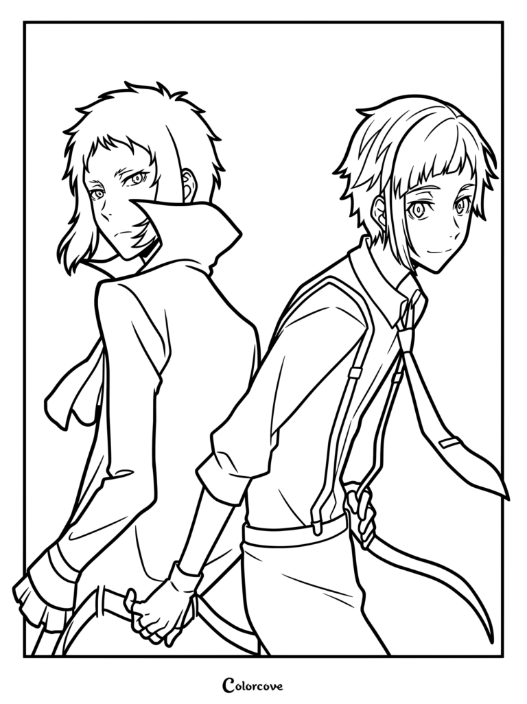 Dibujo para colorear de Bungo Stray Dogs de Shin Soukoku con Atsushi y Akutagawa de espaldas el uno contra el otro.