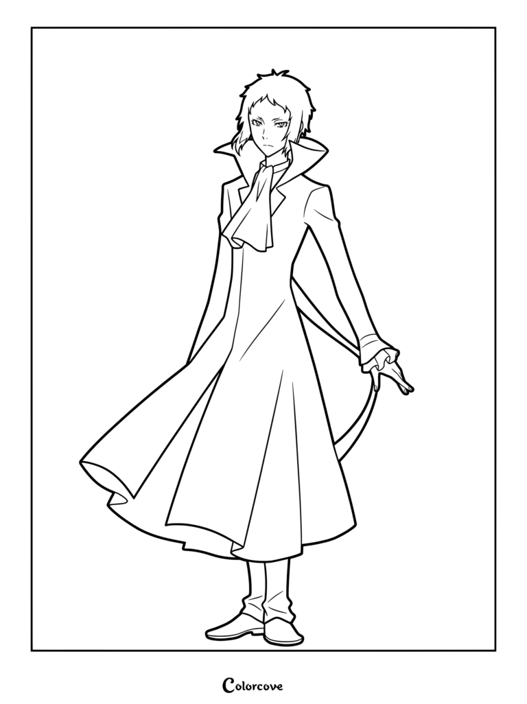 Dibujo para colorear e imprimir de Ryunosuke Akutagawa de Bungo Stray Dogs llevando un abrigo largo y corbatín.