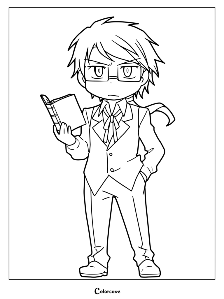 Dibujo para colorear de Doppo Kunikida chibi de Bungo Stray Dogs Wan! sosteniendo una libreta.
