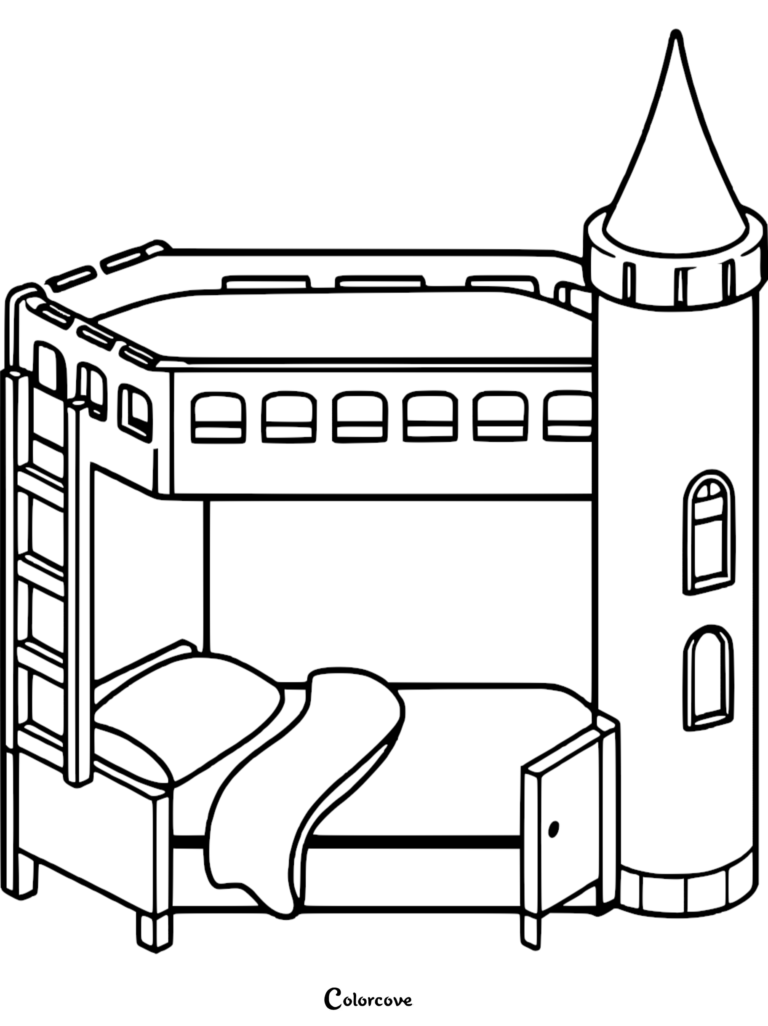 A line art coloring page of a bunk bed designed like a castle with a tall turret, ladder, and arched windows.