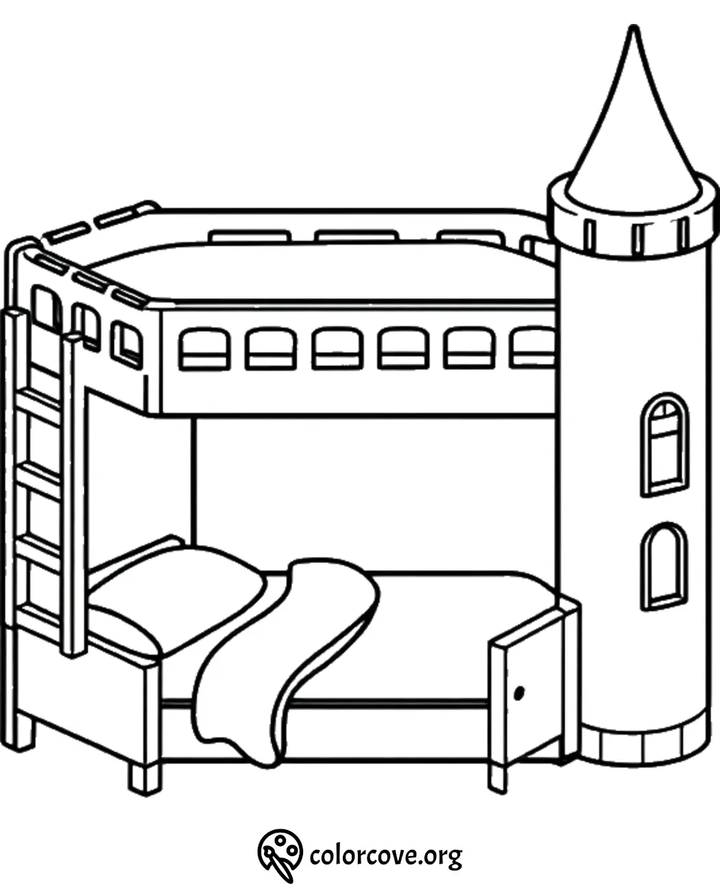 Fantasy castle bunk bed coloring page with ladder and tower design for kids' bedroom inspiration.