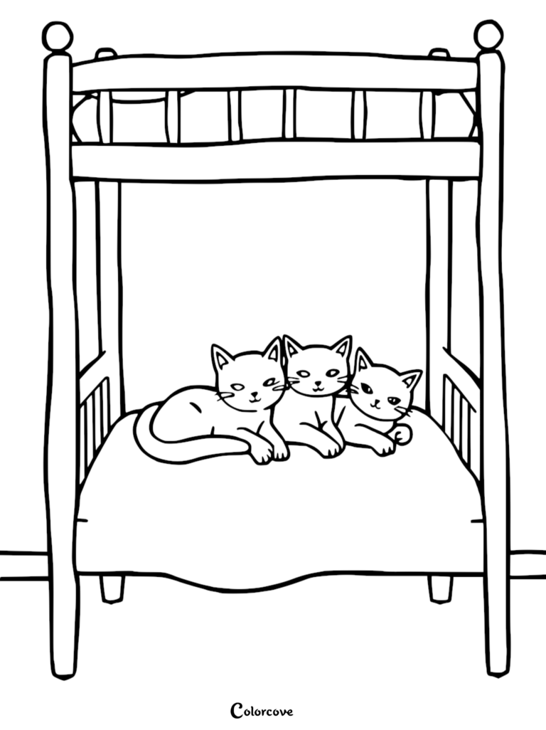 Three cute kittens resting together on the bottom bunk of a wooden bed frame in this printable coloring page.
