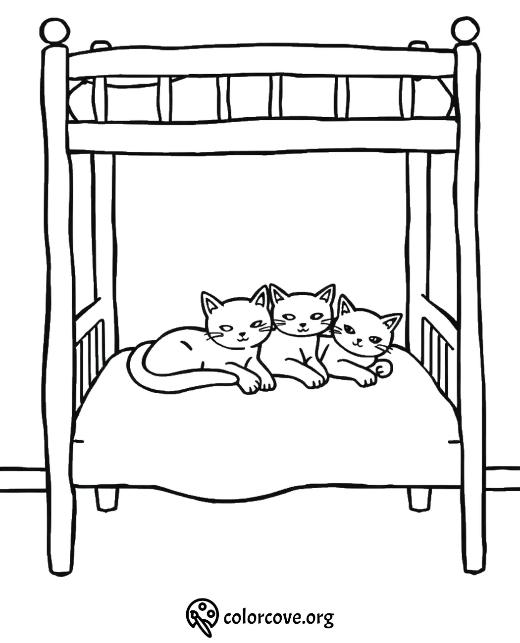 Three cute kittens resting on a bed coloring page for kids. Perfect for printable feline-themed coloring activities.