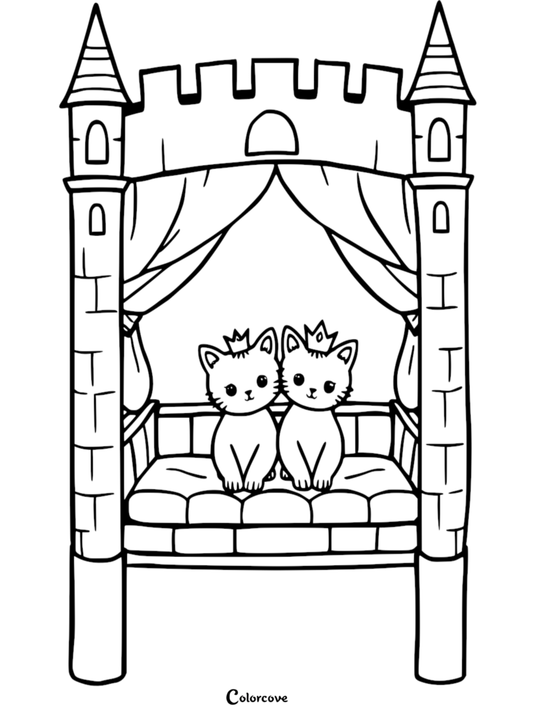 Two cute kittens wearing small crowns sitting together on a castle-themed bunk bed, printable coloring page.