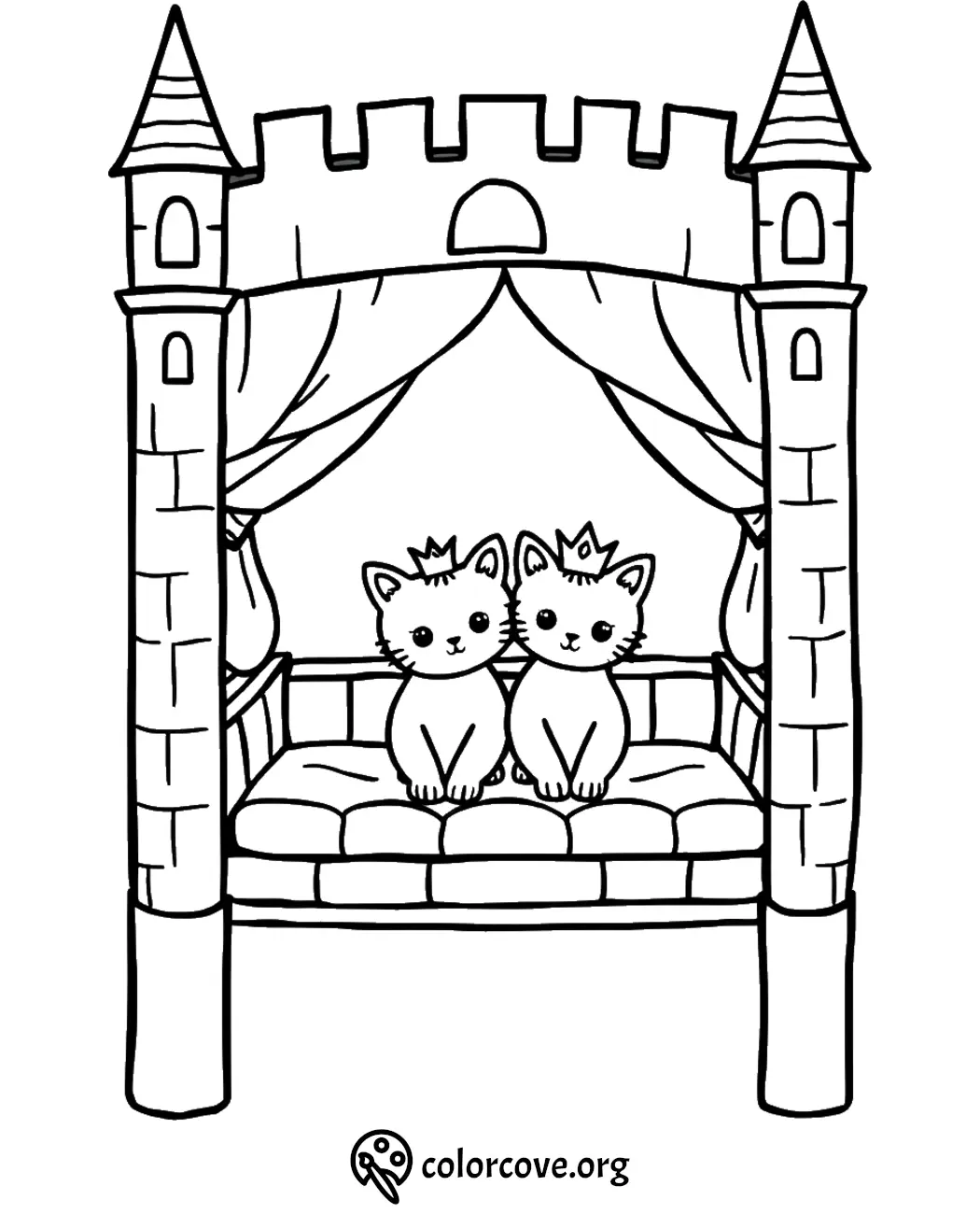 Two cute kittens with crowns sit on a fairytale castle-themed bed coloring page.