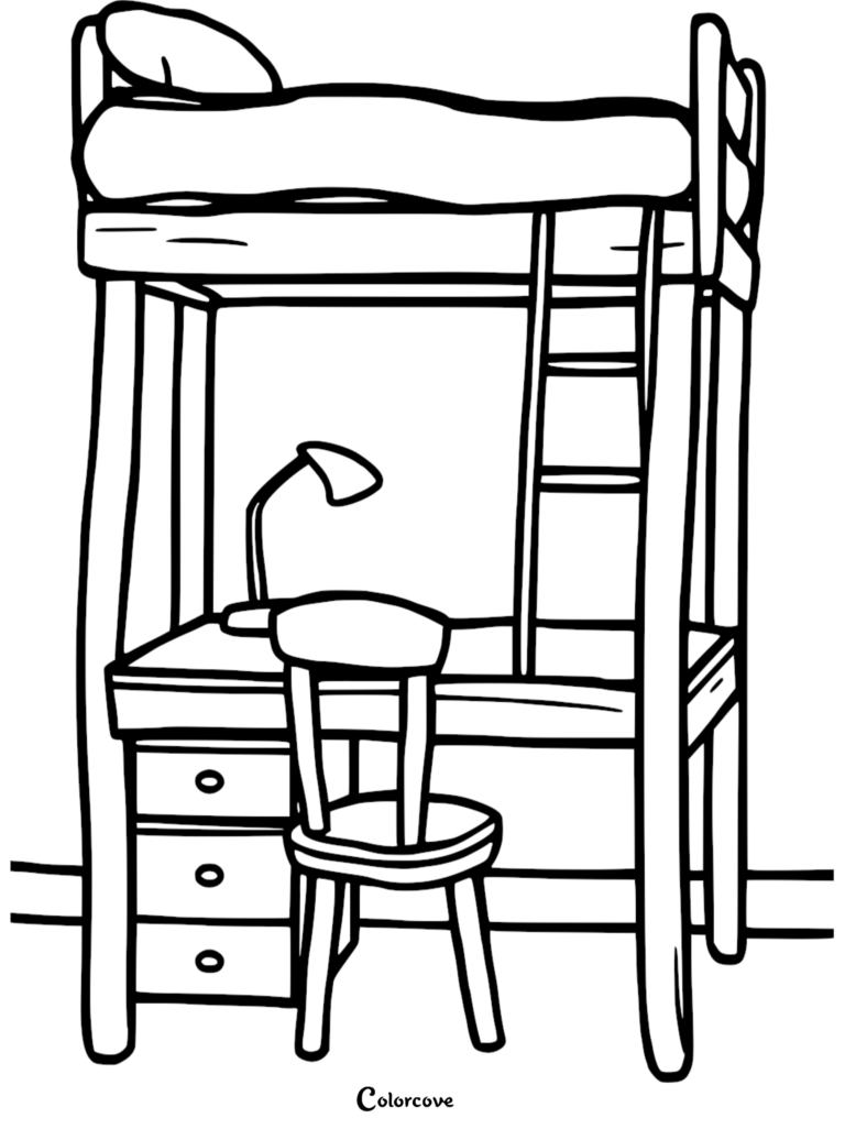 A black and white coloring page featuring a loft bed with a built-in study desk, chair, and reading lamp underneath.